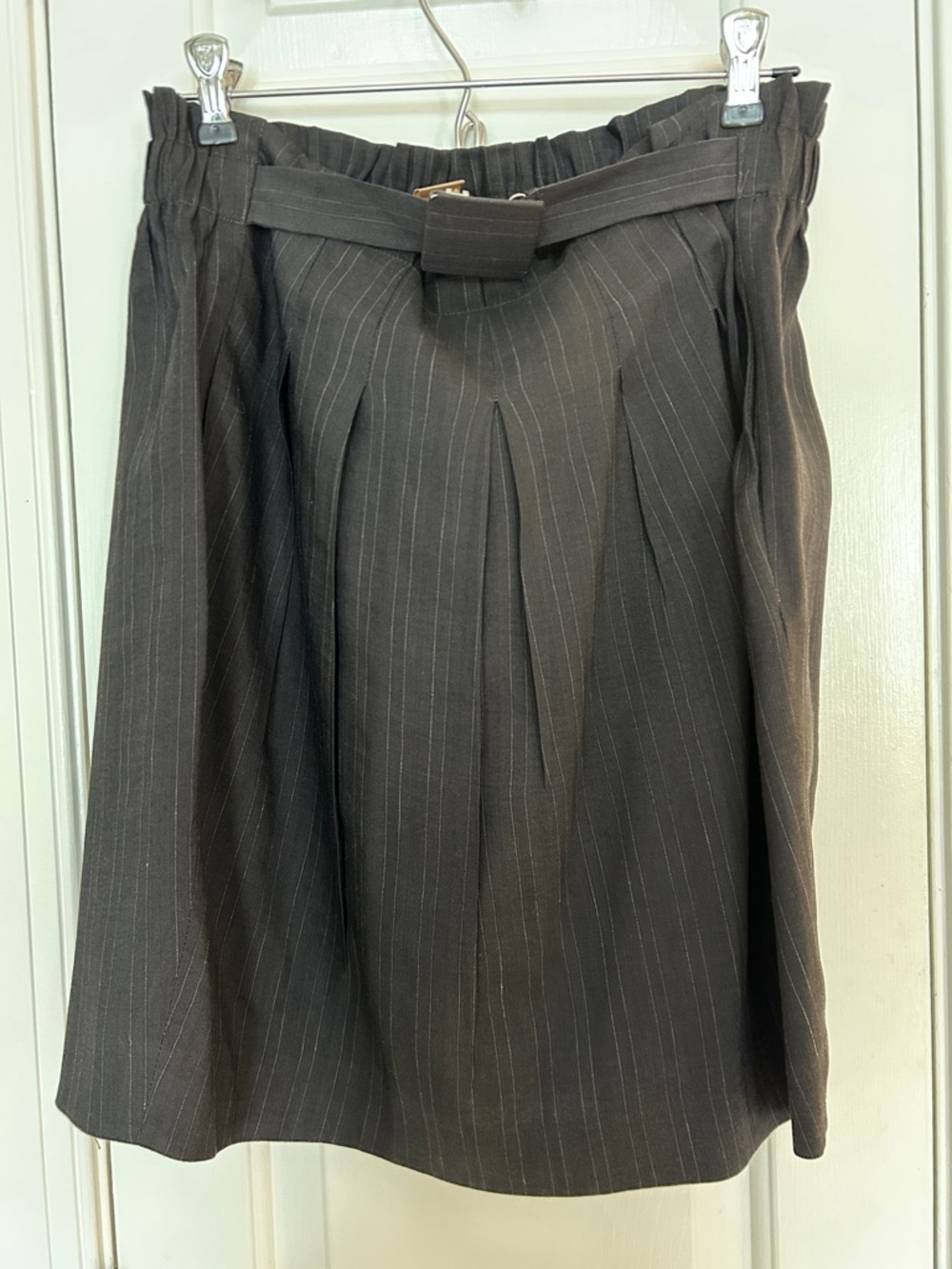 Theory Black Pinstripe A-Line Skirt with Waist Belt